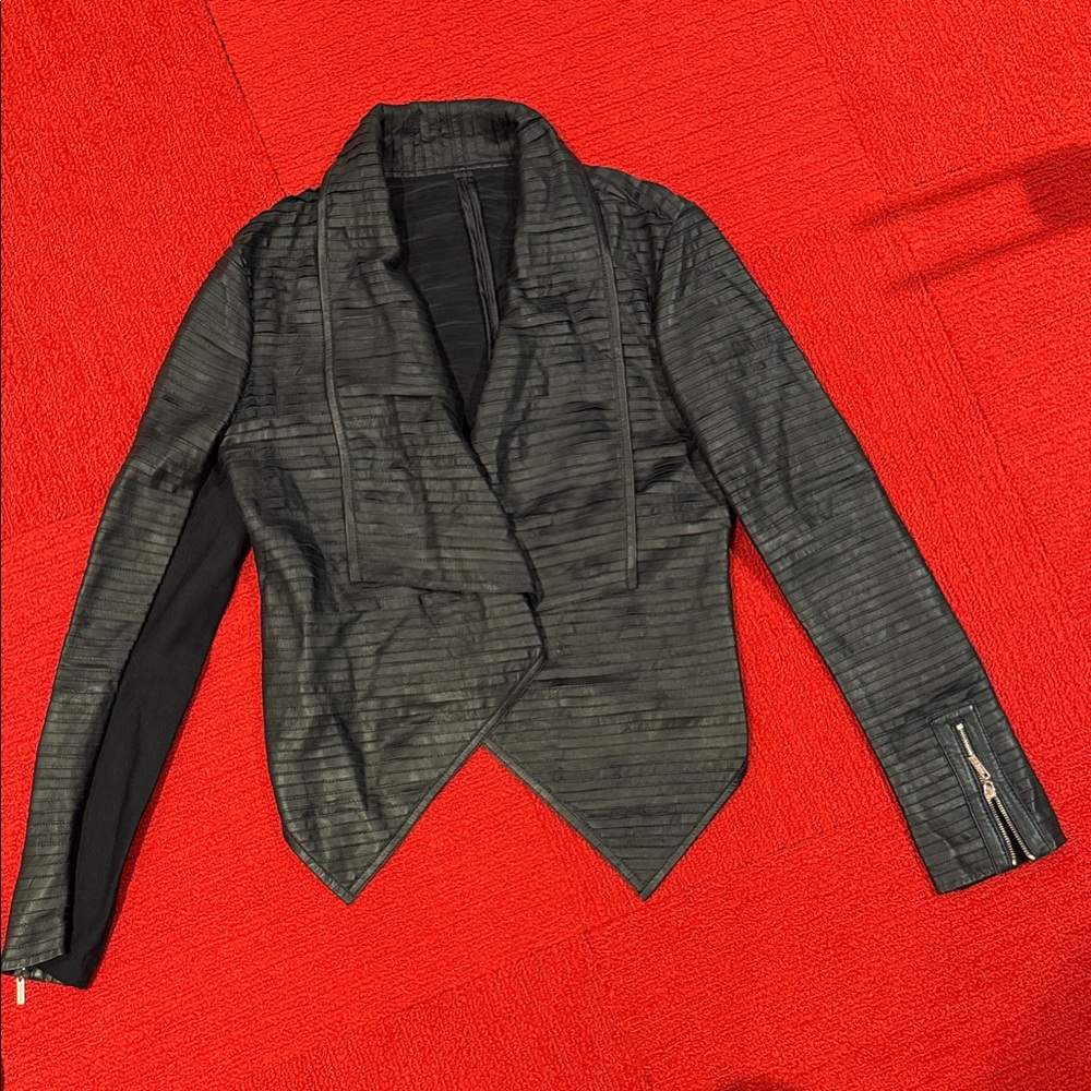 Women's Black Textured Asymmetric Leather Jacket